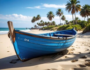 Naklejka premium Blue rowboat on beach, palm trees, sunny, tropical scene