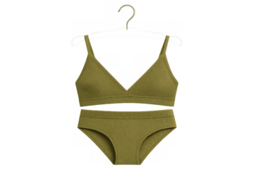 Olive green ribbed bralette and panty set on a clothes hanger, swimwear fashion with transparent background