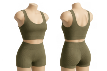 Mannequin displaying ribbed activewear set with sports bra and shorts, promoting fitness and comfort on transparent background