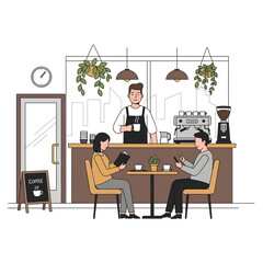 Cozy coffee shop scene with friendly barista serving customers enjoying beverages and relaxation, perfect for lifestyle and business promotions.
