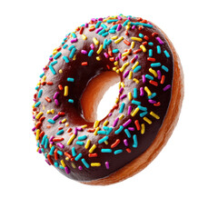 Bright bakery display colorful sprinkled chocolate donuts top view tempting treats