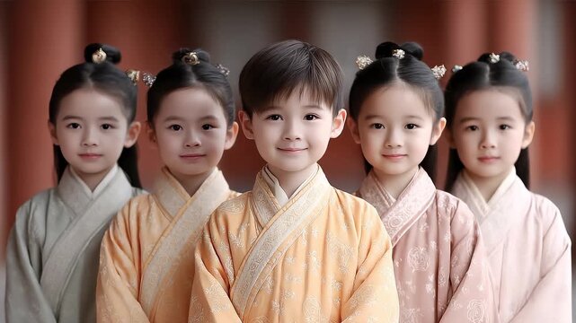 Cute children wearing Tang Dynasty costumes smile brightly showing the charm of traditional culture
