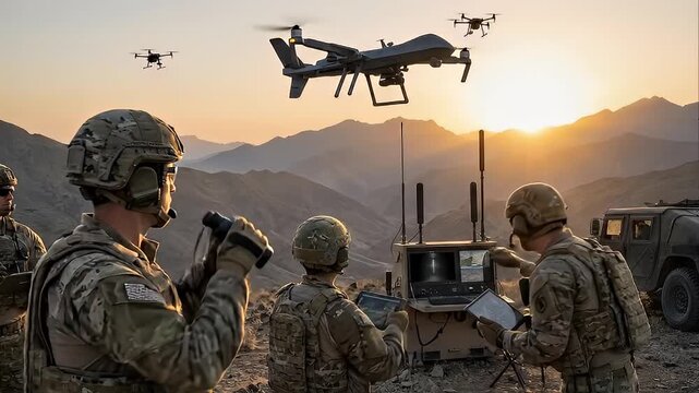 Military personnel in camouflage tactical gear observe drones and an unmanned aerial vehicle during a desert sunset operation with distant mountains and a vehicle visible