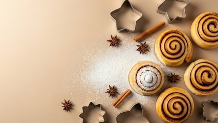 Warm homemade cinnamon rolls with star anise and cookie cutters, perfect for festive baking promotions or cozy winter recipe blogs, ideal for social media