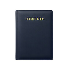 Naklejka premium Navy blue faux leather cheque book with golden embossed lettering for banking and finance transactions