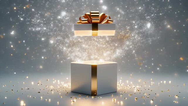 Luxury Christmas gift box opening with a burst of sparkles, white background