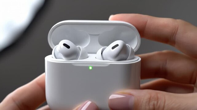 Hand Holding an Open White Wireless Earbuds Charging Case Close Up