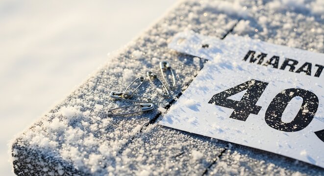 Close-up of a marathon race bib number 40 with safety pins on snow-covered ground for winter running event concept and challenging endurance