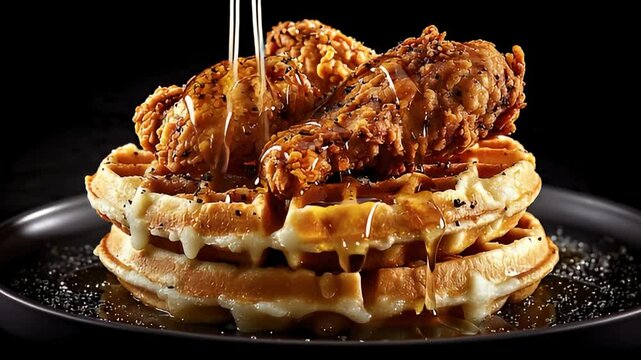 A delectable stack of golden Belgian waffles topped with crispy fried chicken, generously drizzled with sweet maple syrup for a perfect savory combination