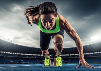 Determined Female Runner at Starting Blocks on Track Ready for Intense Race