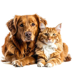 Affectionate dog and cat, orange fur, close together, against black backdrop
