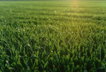 Obraz premium Close up of vibrant green grass field capturing natural beauty and freshness featuring sunlight highlighting texture and promoting tranquility and serenity