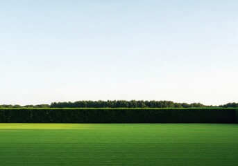 Naklejka premium Expansive green lawn and dense hedge with a row of trees against a bright clear sky