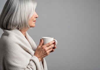 Serene senior woman with gray hair enjoying warm cup and cozy blanket