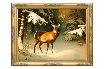 Fototapeta premium Painting of a majestic deer in a snowy forest winter scene with trees and snow framed art for home decor