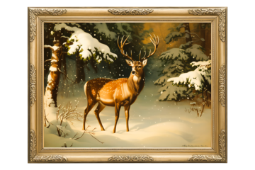 Painting of a majestic deer in a snowy forest winter scene with trees and snow framed art for home decor