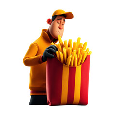 Culinary concept employee scooping fresh fries in fast food restaurant kitchen