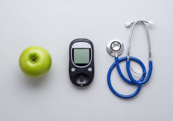 Diabetes management, green apple, glucose meter, and stethoscope