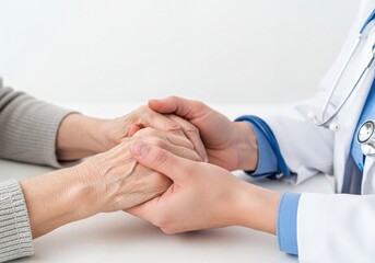 Obraz premium Doctor Comforts Elderly Patient with Gentle Hand Hold, Providing Support and Empathy in Medical Setting