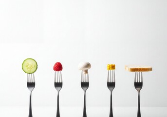 Diverse Culinary Selections on Forks: Cucumber, Raspberry, Mushroom, Corn, Bread