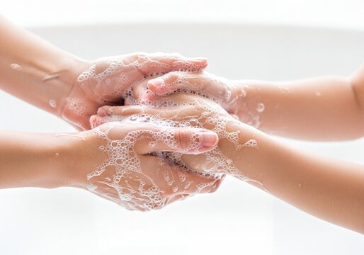 Close up of adult and child hands washing together with soap and bubbles for hygiene