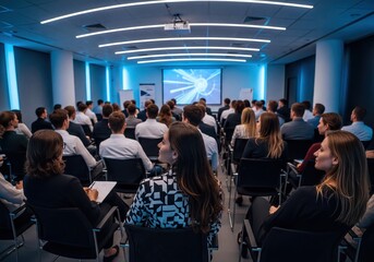 Diverse Professional Audience Attending a Business Conference and Presentation in a Modern Hall