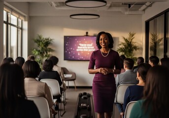 Confident Black Woman Leading Engaging Business Presentation in Modern Office Conference Room