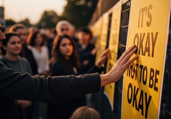 Human Hand Touching Empowering 'It's Okay Not To Be Okay' Sign At Mental Health Awareness Event