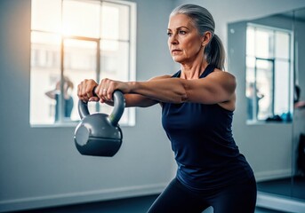 Active senior woman performing a powerful kettlebell workout
