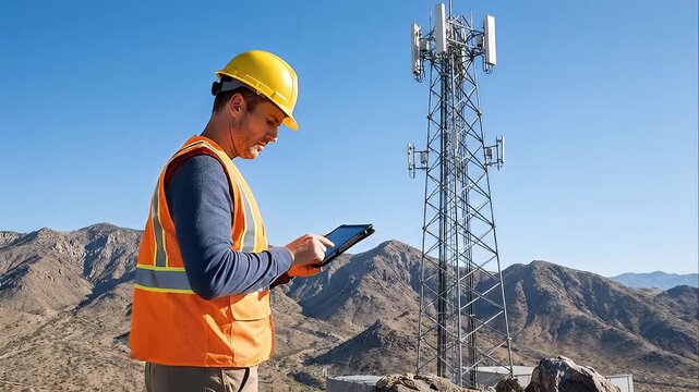 Telecommunications Engineer in Orange Safety Vest and Yellow Hard Hat Holds Tablet Inspecting Cell Tower in Remote Mountainous Area Under Clear Blue Sky