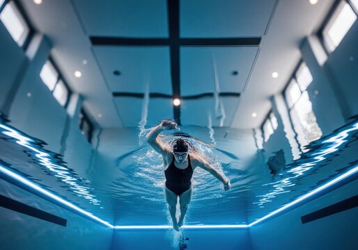 Dynamic underwater shot of a woman swimming in a modern blue pool