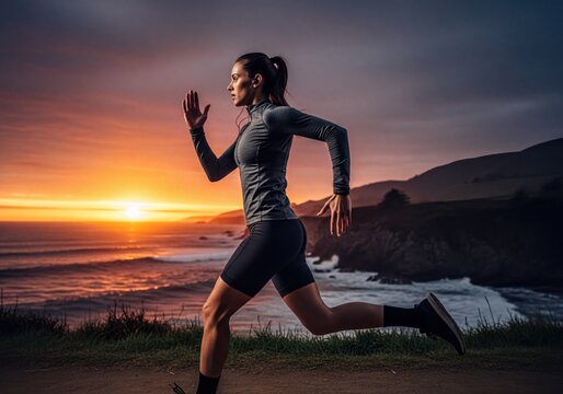 Fit Woman Running on Coastal Path at Scenic Sunset with Vibrant Sky