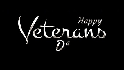 Happy veterans day graphic in silver on black background, suitable for social media posts, greeting cards, website banners, and presentations.