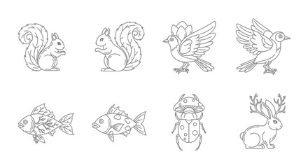 Charming collection of whimsical woodland creatures and insects with unique decorative elements and artistic flair