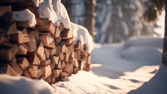 Stacked firewood piles covered with fresh snow in a sunny winter forest setting - Powered by Adobe