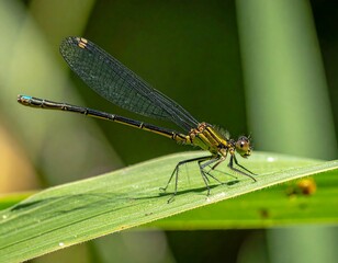 Close-up of a damselfly on a green leaf in bright sunlight