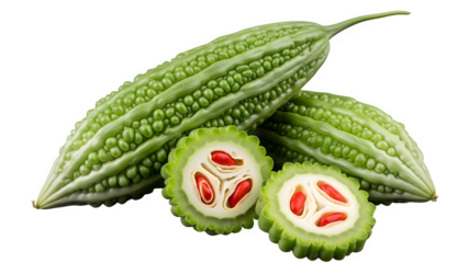 Fresh bitter melon gourd with slices isolated on transparent background