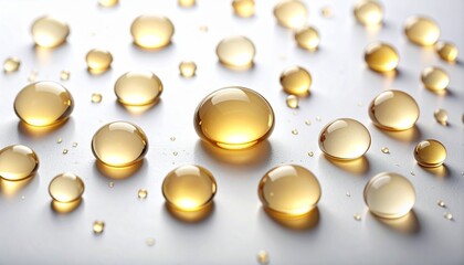 Golden oil drops or serum on a light background, cosmetic liquid texture, beauty and skincare concept, macro photography
