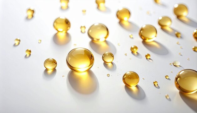 Golden oil drops and spheres on a white background, cosmetic serum, vitamin E, omega-3, skincare, beauty product texture, abstract liquid pattern