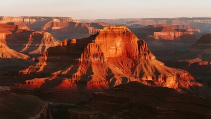 Sunset illuminates red rock formations in a vast desert canyon landscape