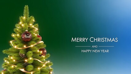 Sparkling Christmas Tree with Golden Lights and Ornaments Against a Festive Gradient Background, Conveying Warm Wishes for a Merry Christmas and Happy New Year Season