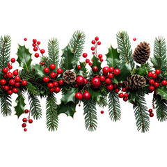 Festive holiday border with foliage, berries, and pinecones on black
