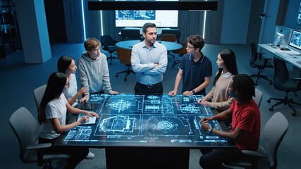 Group of diverse people working on futuristic technology project, blueprint design, team collaboration, engineering plan, innovative concept, technology, teamwork, modern office - Powered by Adobe