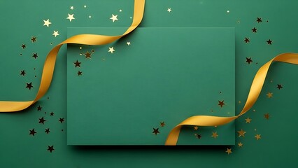 Elegant green backdrop with golden ribbon and star confetti for a festive design or announcement, perfect for holiday greetings or celebratory themes