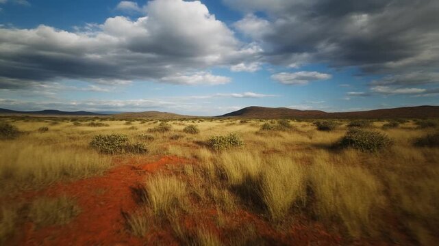 a wide open savanna under a bright blue sky filled with slow-moving dramatic clouds