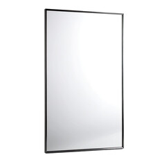 Rectangular reflective mirror with dark trim against dark background