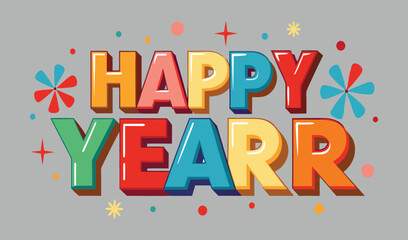 Happy new year colorful text with festive confetti and sparkles