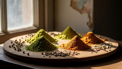 Vibrant, aromatic culinary spices meticulously arranged in colorful mounds on a rustic wooden board, perfect for enriching gourmet dishes with diverse flavors and natural zest