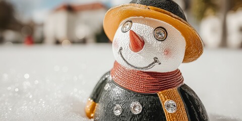 Close up of a decorative snowman figurine with a hat scarf and diamond accents in a snowy landscape