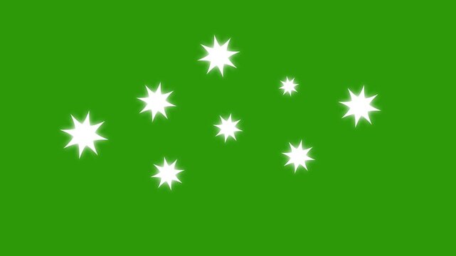 Twinkle sparkling star animaton, star shine sparkle animation, twinkling white cartoon doodle stars, flat vector blinking effects, glowing motion on green screen, 4k overlay animation  video